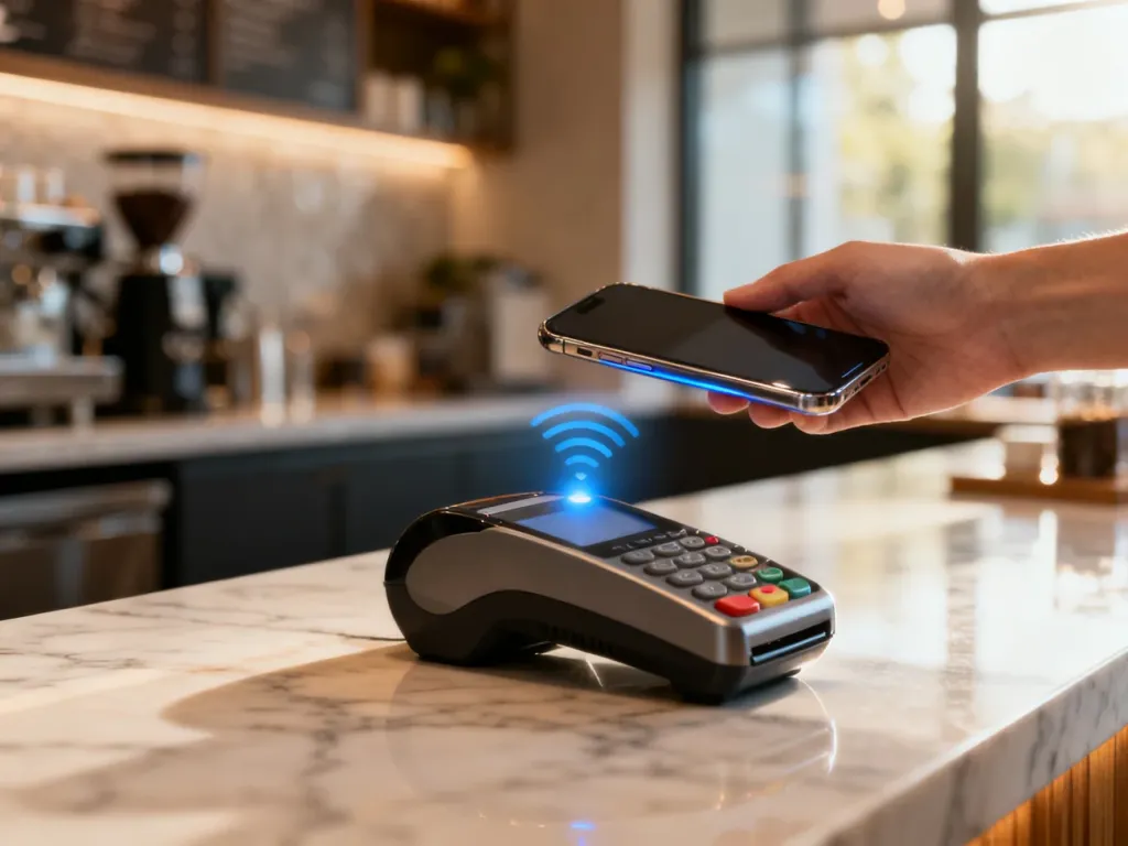 Zbliżenie na płatność zbliżeniową smartfonem przy terminalu, symbolizujące bezprzewodowe działanie technologii NFC.