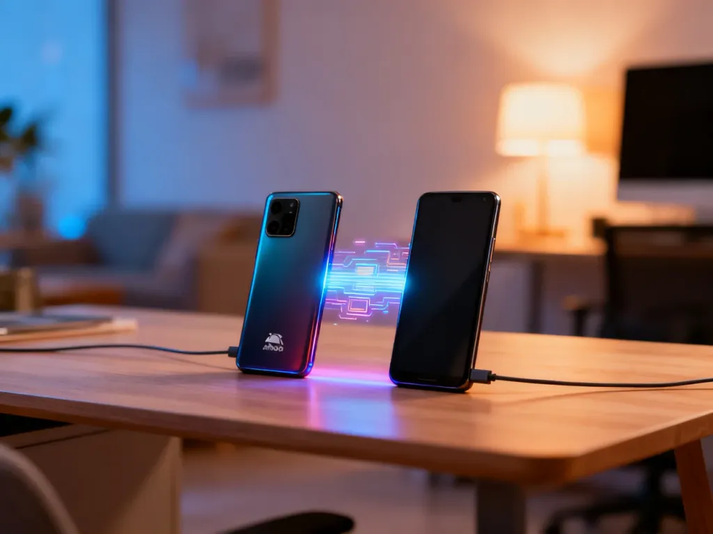 Dwa nowoczesne smartfony z systemem Android leżące obok siebie, połączone cyfrową wiązką przesyłającą dane.