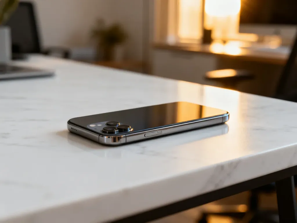 Nowoczesny smartfon na marmurowym blacie w estetycznym wnętrzu, prezentujący design urządzenia.