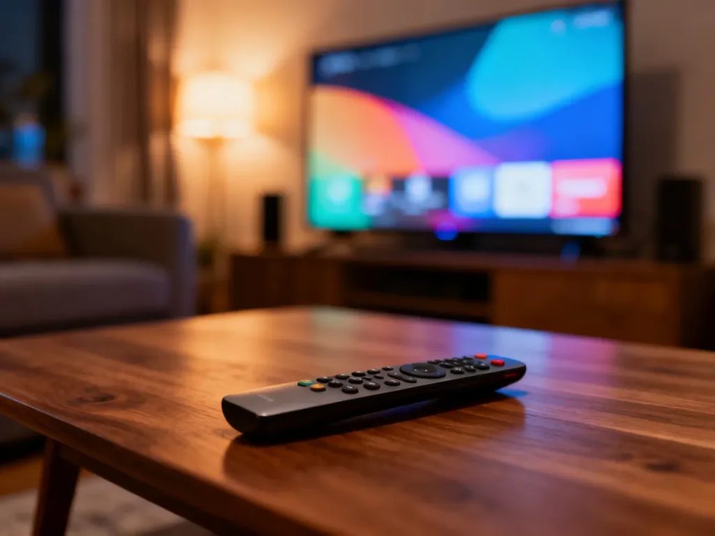 Nowoczesny salon z pilotem na stoliku kawowym i włączonym telewizorem, nawiązujący do domowego seansu filmowego.