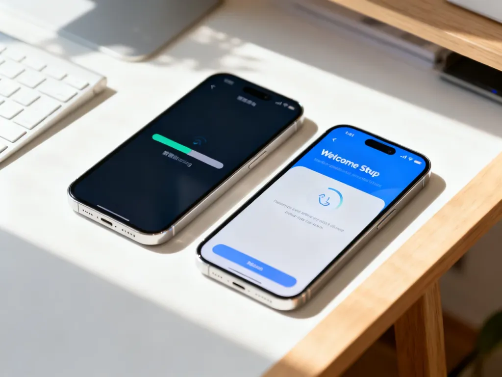 Dwa smartfony leżące na drewnianym biurku podczas procesu przesyłania danych między systemami Android i iOS.