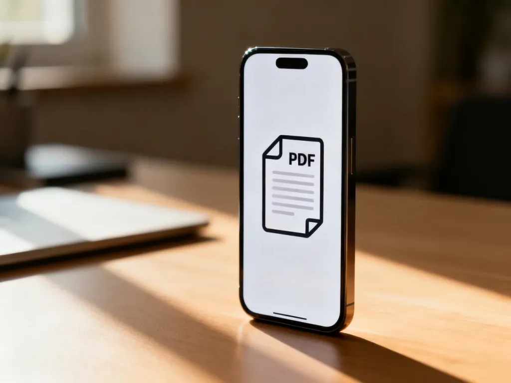 Nowoczesny smartfon z wyświetloną ikoną pliku PDF na tle minimalistycznego biurka.