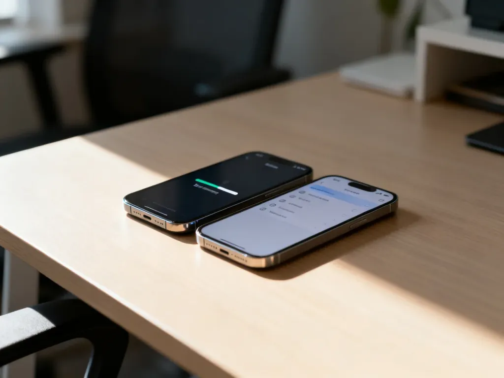 Dwa smartfony leżące obok siebie na biurku, symbolizujące proces przesyłania danych między systemami Android i iOS.