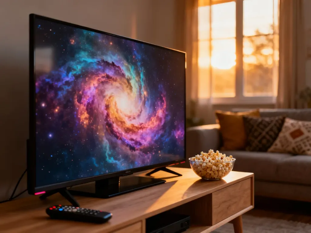 Nowoczesny salon z telewizorem wyświetlającym kolorową grafikę, miską popcornu i pilotem, tworzący przytulny klimat kina.