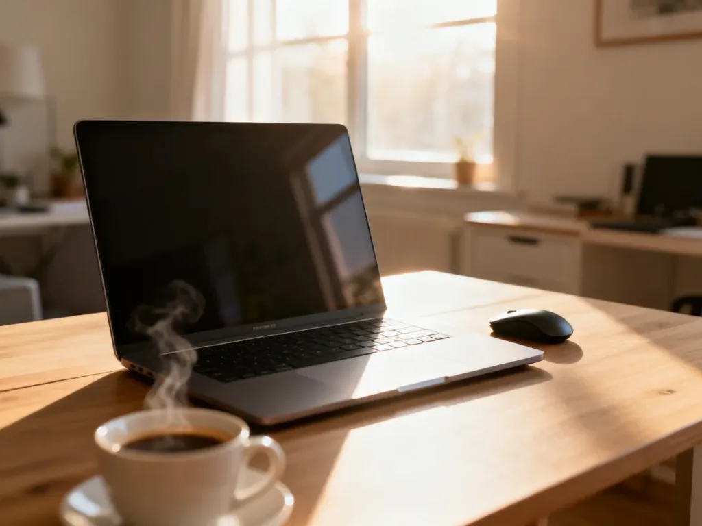 Nowoczesny laptop na minimalistycznym biurku w słonecznym domowym biurze, gotowy do pracy.