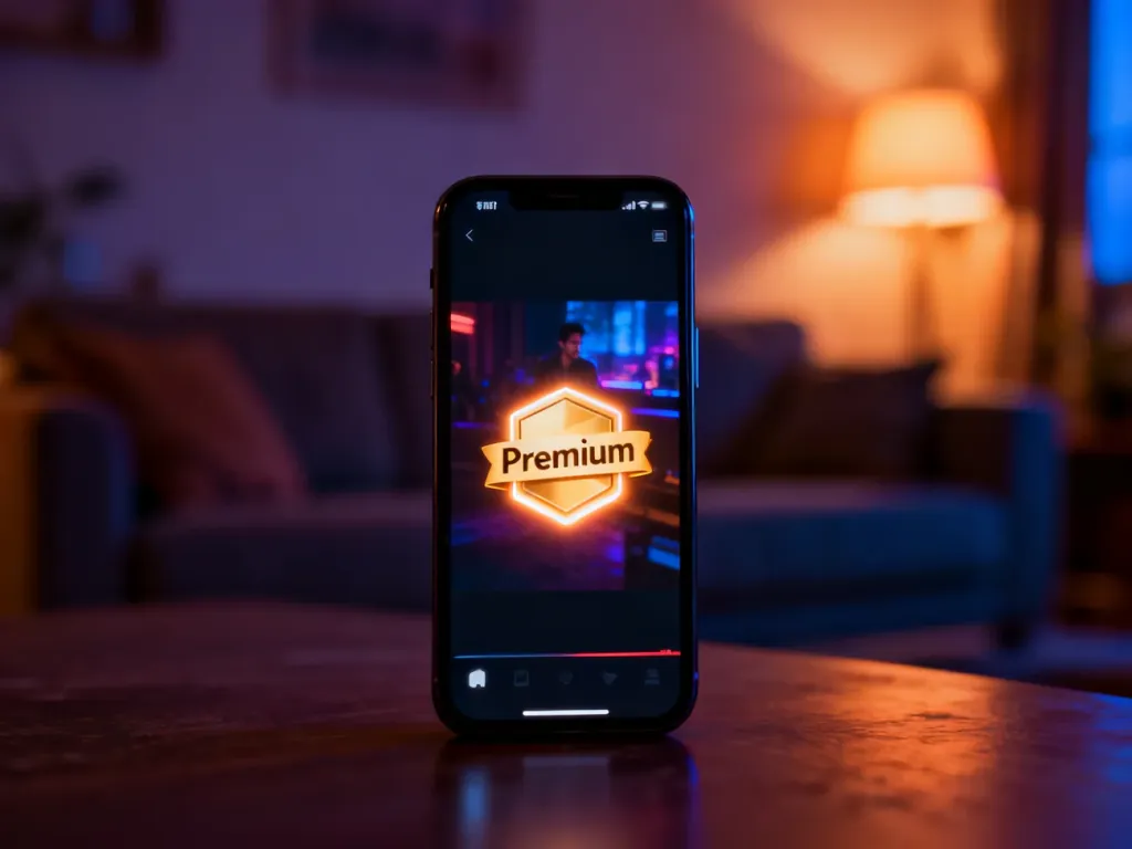 Smartfon z wyświetlonym interfejsem serwisu wideo i odznaką „Premium” w przytulnym, domowym wnętrzu.