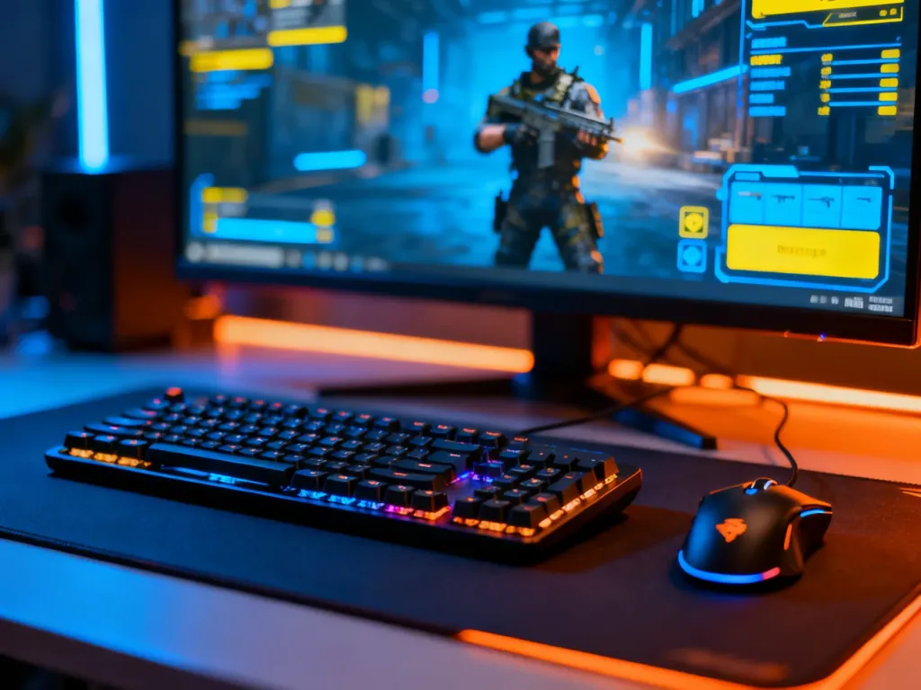 Nowoczesne stanowisko gracza z podświetlaną klawiaturą i myszką, w tle monitor z interfejsem gry typu tactical shooter.