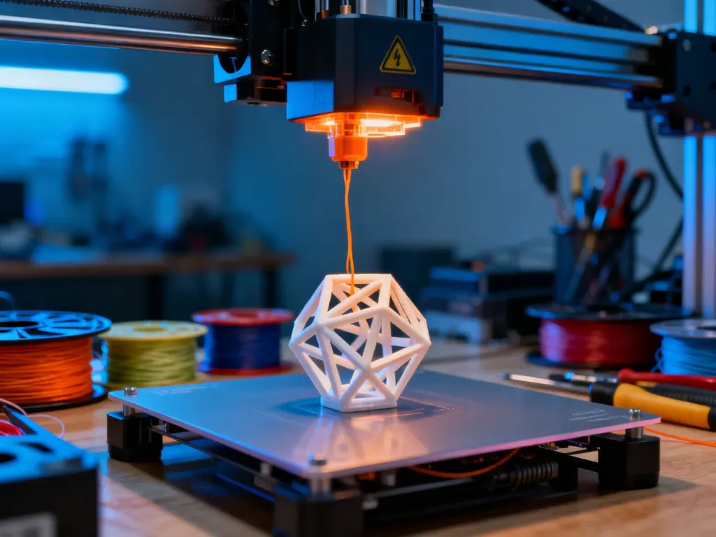 Dysza nowoczesnej drukarki 3D nakładająca roztopiony filament na platformę roboczą podczas tworzenia skomplikowanego modelu.