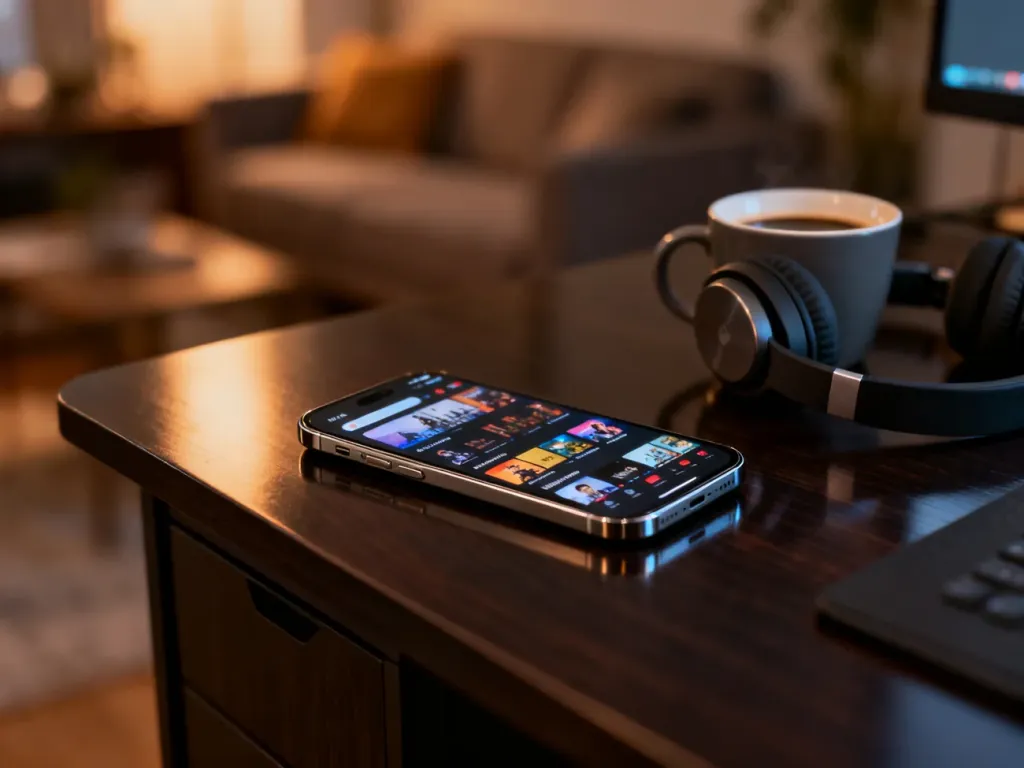 Smartfon z otwartą aplikacją streamingową na biurku w przytulnym salonie, sugerujący wygodny dostęp do filmów i seriali.