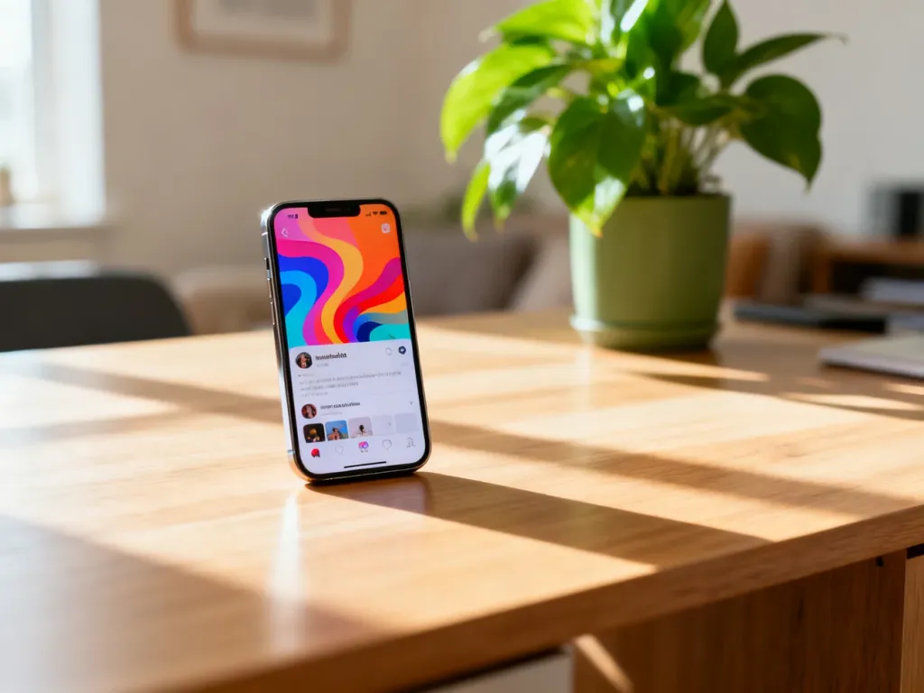 Nowoczesny smartfon z kolorowym interfejsem aplikacji społecznościowej na ekranie, leżący na biurku w słonecznym biurze.