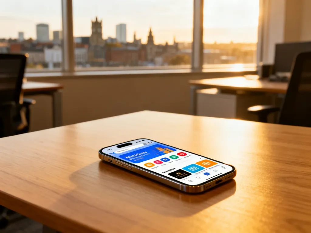 Nowoczesny smartfon z otwartym sklepem z aplikacjami na tle panoramy Dublina w świetle popołudniowego słońca.