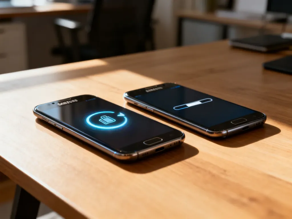 Dwa smartfony Samsung obok siebie podczas procesu bezprzewodowego przesyłania danych między urządzeniami.