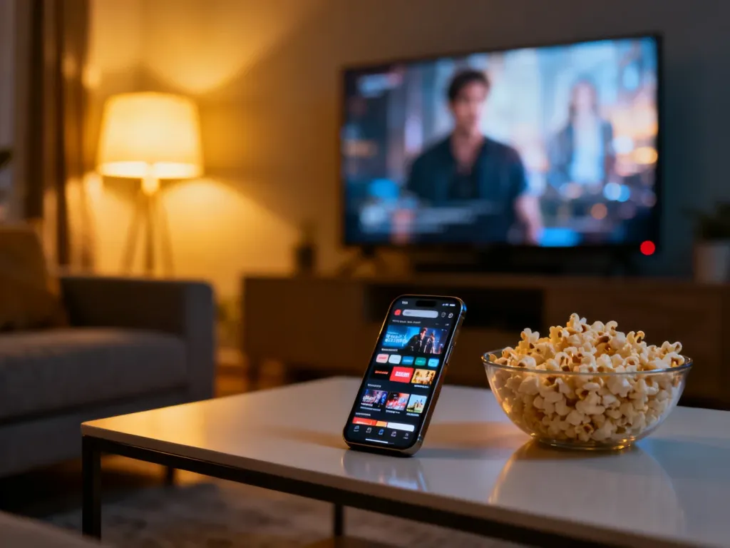 Przytulny salon z przekąskami i smartfonem, symbolizujący komfortowe oglądanie filmów i seriali w serwisach streamingowych.