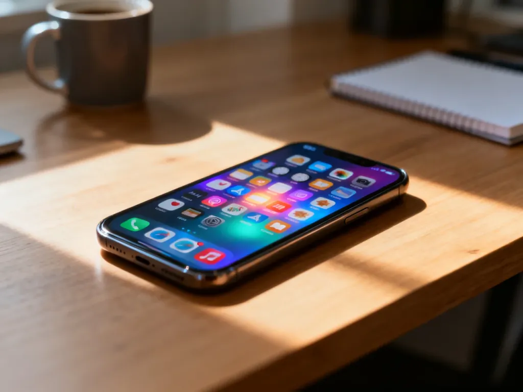Nowoczesny smartfon z widocznymi ikonami aplikacji na ekranie, leżący na drewnianym biurku w domowym biurze.