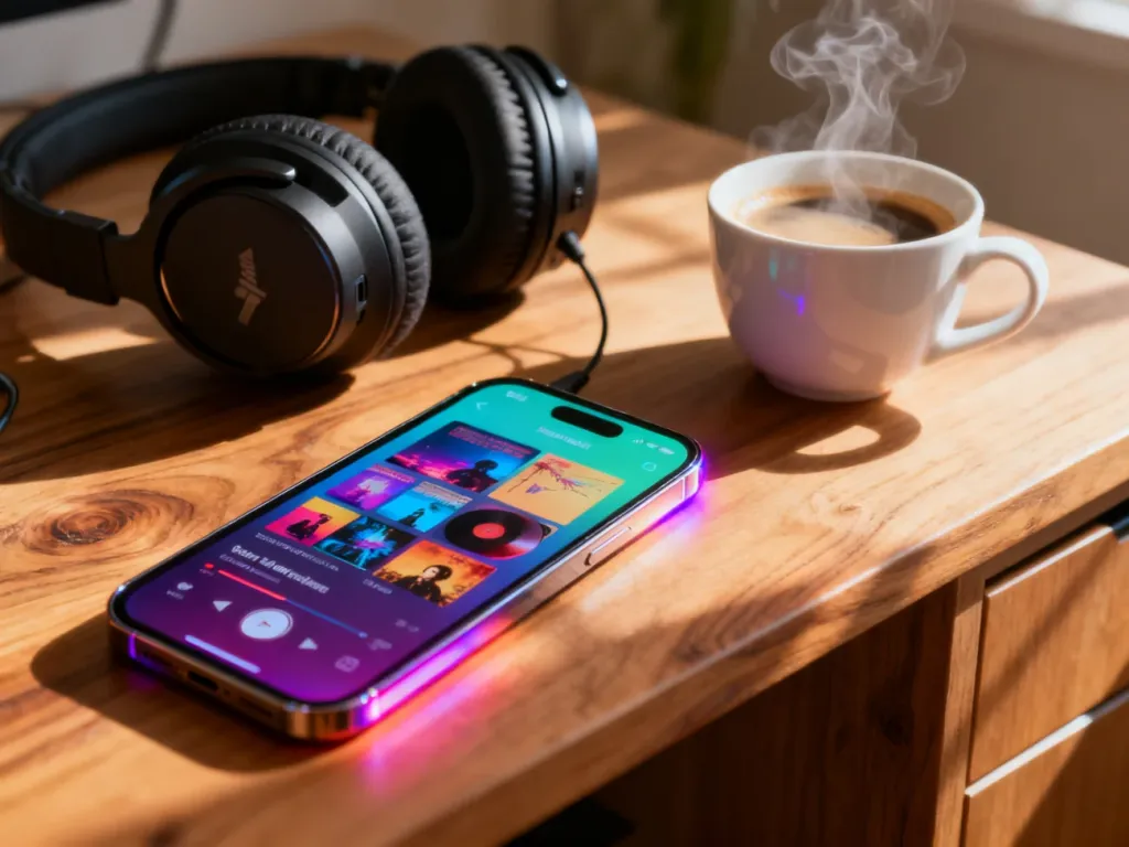 Smartfon z otwartą aplikacją muzyczną, słuchawkami i kawą na drewnianym biurku w promieniach porannego słońca.