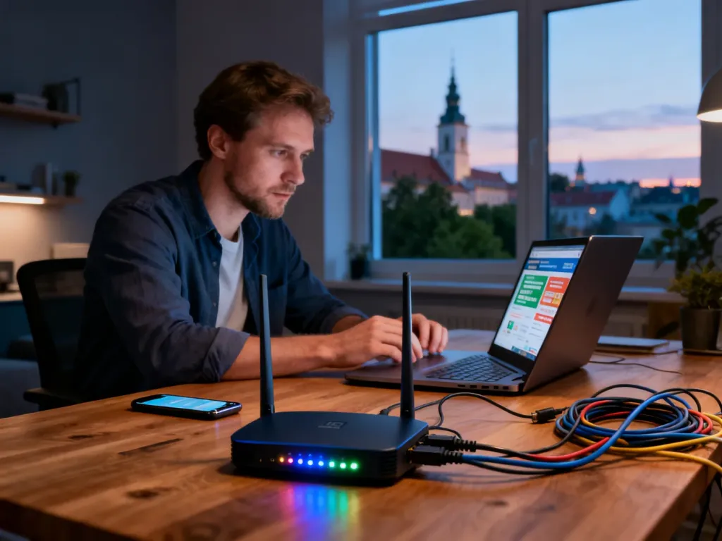 Mężczyzna w domowym biurze porównuje oferty internetu na laptopie, obok router z diodami, w tle widok Olsztyna; no text on the picture