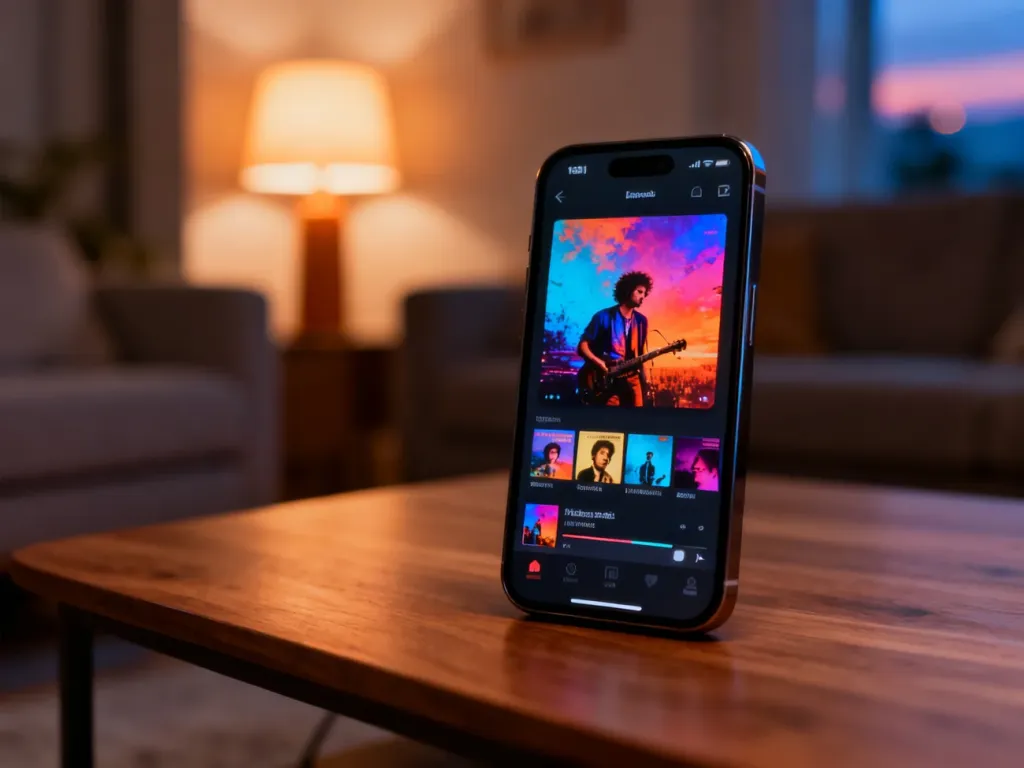 Smartfon z otwartą aplikacją muzyczną leżący na drewnianym stole w przytulnym, wieczornym wnętrzu.