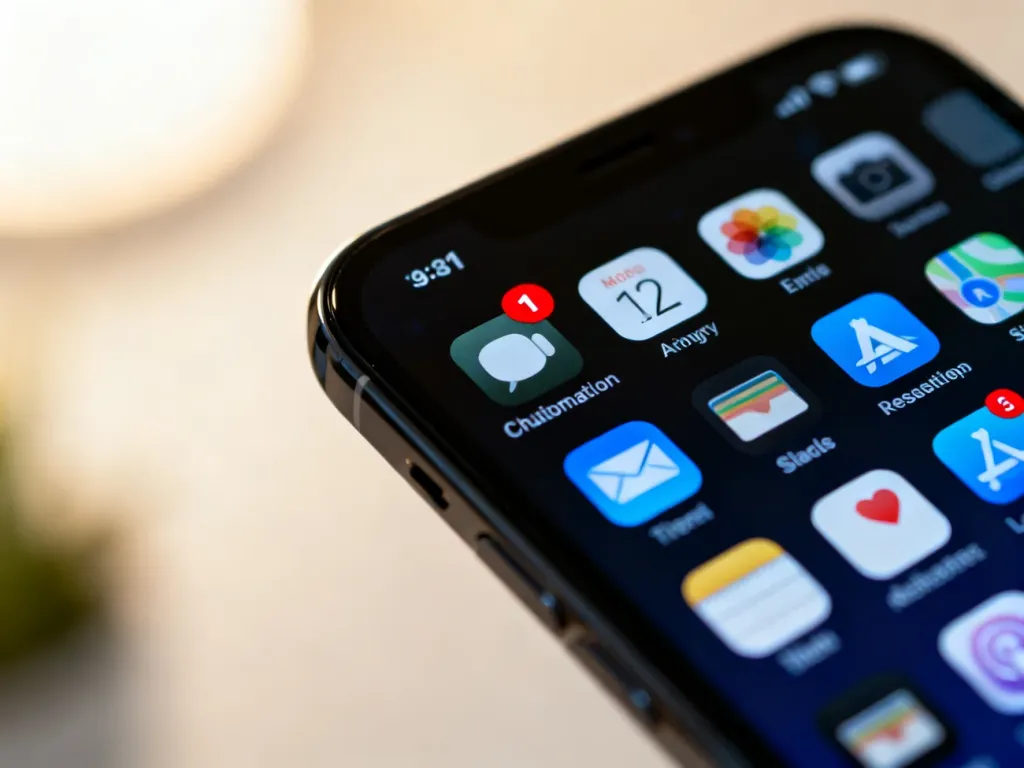 Ekran smartfona z ikonami aplikacji oraz czerwoną plakietką powiadomienia z liczbą, sygnalizującą nieprzeczytane alerty.